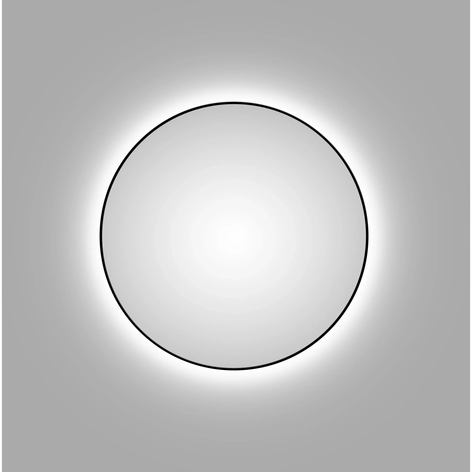 Runder LED-Lichtspiegel Silver Globo, Ø 120 cm, mit schwarzem Rahmen und indirekter Beleuchtung.