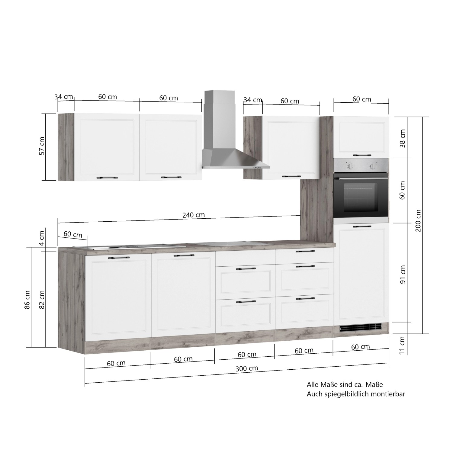 Küchenzeile Kempten 300 cm in Weiß/Wotan mit E-Geräten (Backofen, Kochfeld, Dunstabzugshaube, Geschirrspüler)