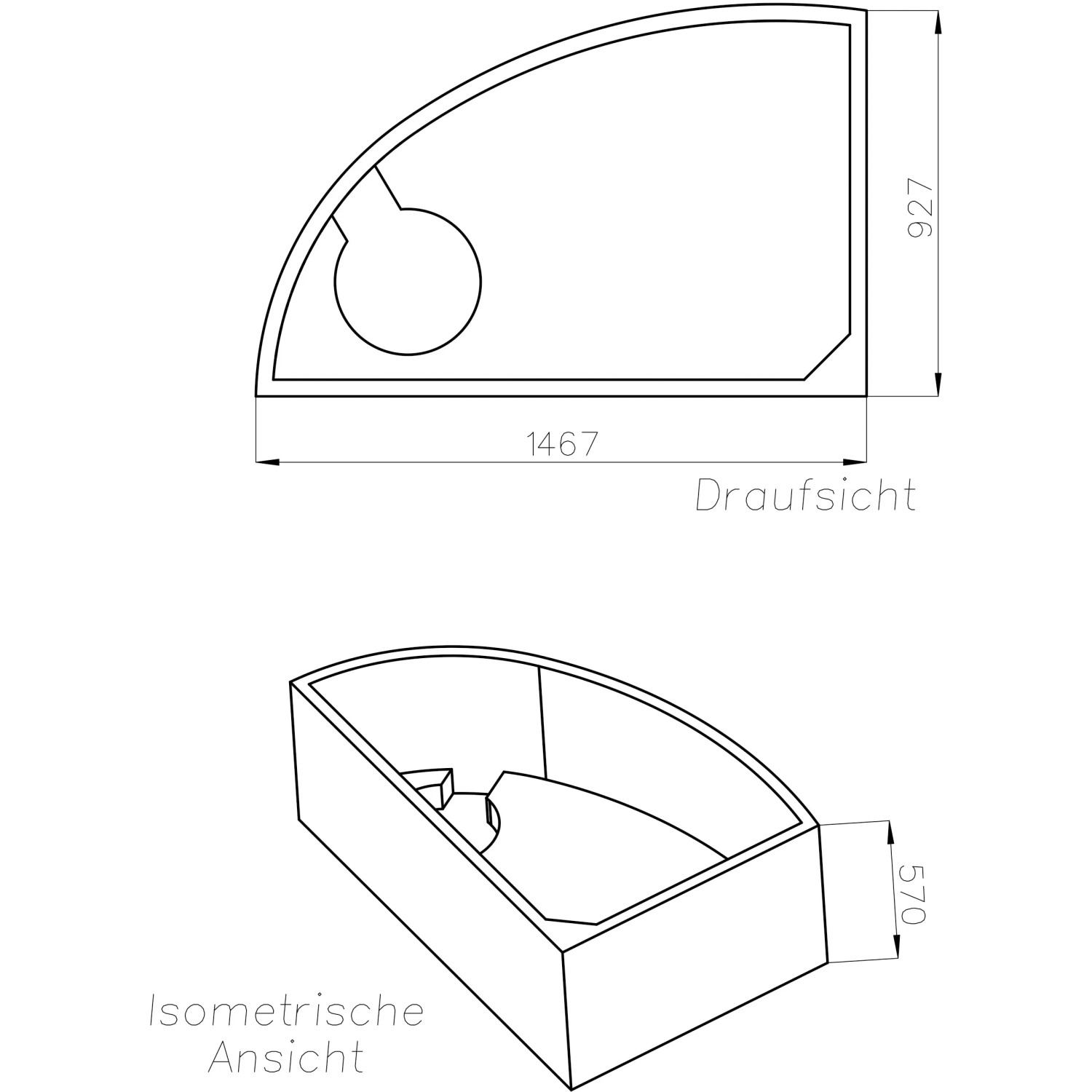 Ottofond Wannenträger Salinas Typ B: Technische Zeichnung mit Maßen und Ansichten.