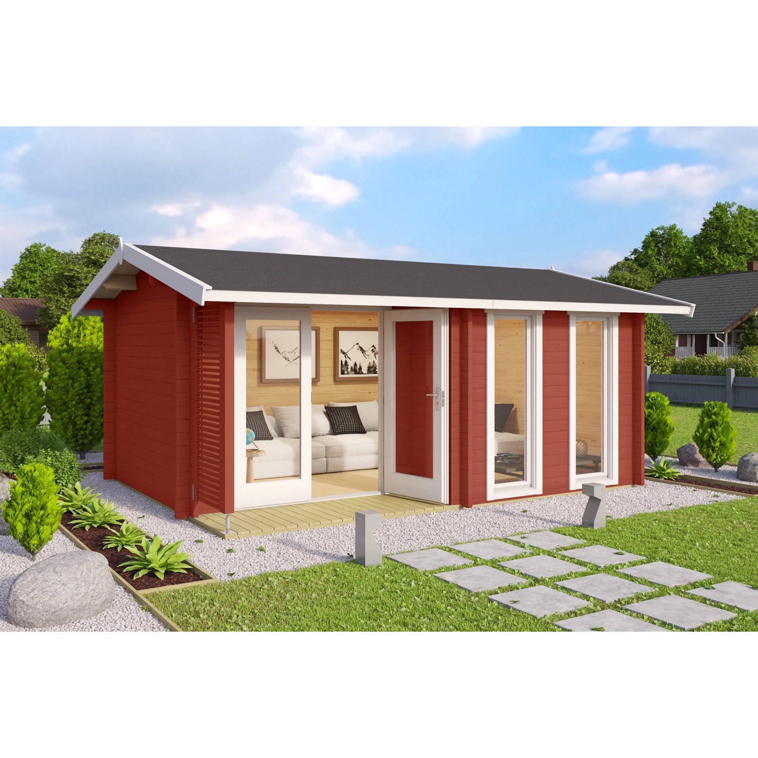 Lasita Maja Gartenhaus Hampshire, schwedenrot, 420x300 cm. Holz-Gartenhaus mit Fenster und Doppeltür.