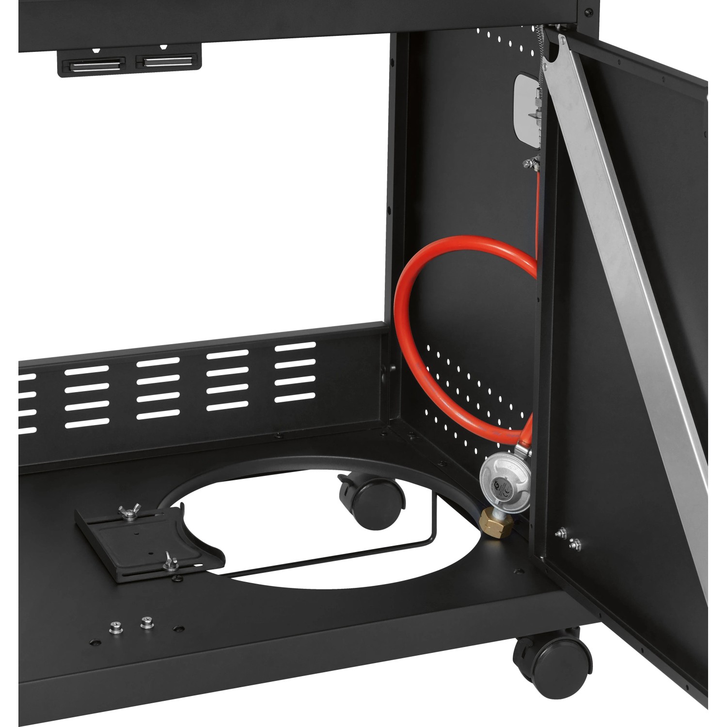 Detailaufnahme des Unterschranks vom Jamestown Kane 6 Gasgrill mit Gasanschluss und Rollen.