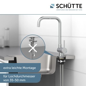 Verchromte Schütte Küchenarmatur Window, Einhebelmischer mit hohem Auslauf und Montagehinweis.