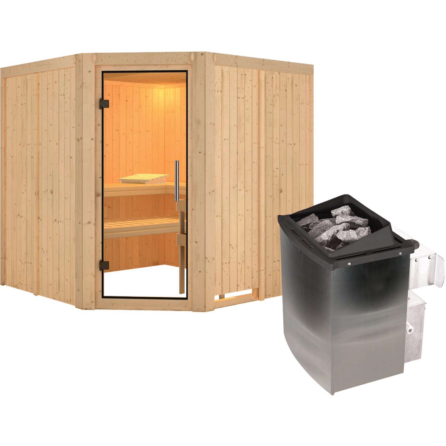 Karibu Sauna Jorma mit Ofen und integrierter Steuerung aus Naturholz.