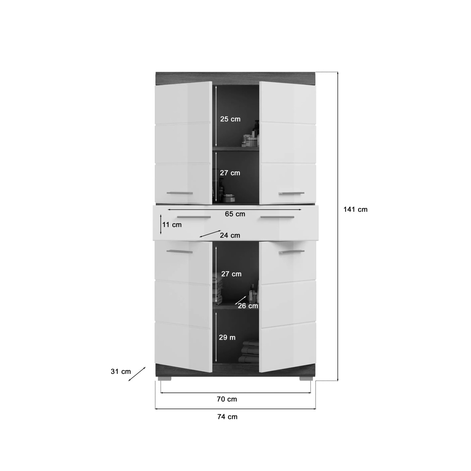 Badmidischrank, 74x141x31 cm, weiß/rauchsilber, mit Fächern und Schublade. Badezimmerschrank für mehr Stauraum.