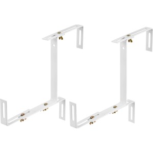 Zwei weiße, 3-dimensional verstellbare Balkonkastenhalter aus Metall.