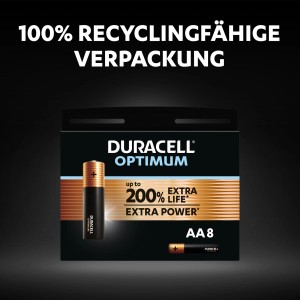 Duracell Optimum AA Batterien, 8er-Pack. Leistungsstarke Mignon-Batterien in recycelbarer Verpackung.