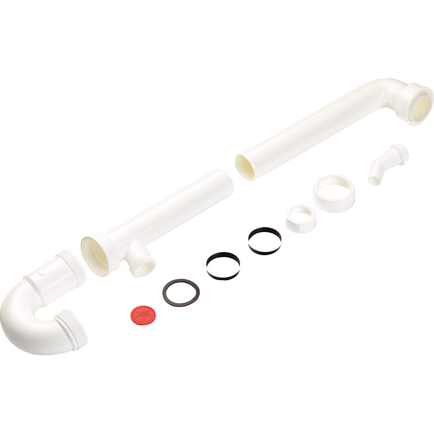 Weißer Röhrensiphon (44,8 mm) für Spüle, bestehend aus Kunststoffrohren und Dichtungen.