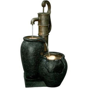 Großer Gartenbrunnen mit Handpumpe, 84cm hoch, aus Polyresin in Bronze-Dunkel und Dunkelgrau-Schwarz.
