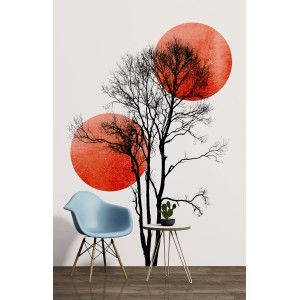 Fototapete mit Baum, rotem Mond, schwarz-weiß, 2x2,8 m, FSC®-zertifiziert.