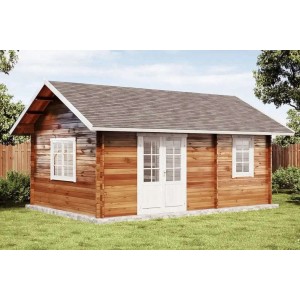 Unbehandeltes Alpholz Gartenhaus Arizona mit Satteldach und Anbaudach.