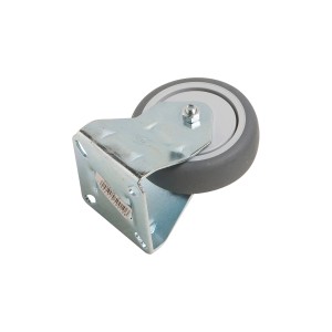 Apparate-Bockrolle, 75 mm, 60 kg Traglast, mit Stahlblechgehäuse und grauem Gummirad.