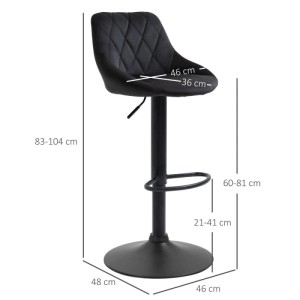 HOMCOM 2er-Set Barhocker, schwarz, höhenverstellbar, gesteppter Samtsitz, runder Metallfuß, 83-104 cm hoch.