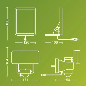 Technische Zeichnung der Philips Tylus Solar Wandleuchte, 5000 K, 1000 lm, Abmessungen.