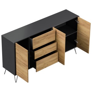 Posseik Sideboard Industrial Q, 180 cm, Grafit/Eiche, mit 3 Schubladen und 3 Türen.