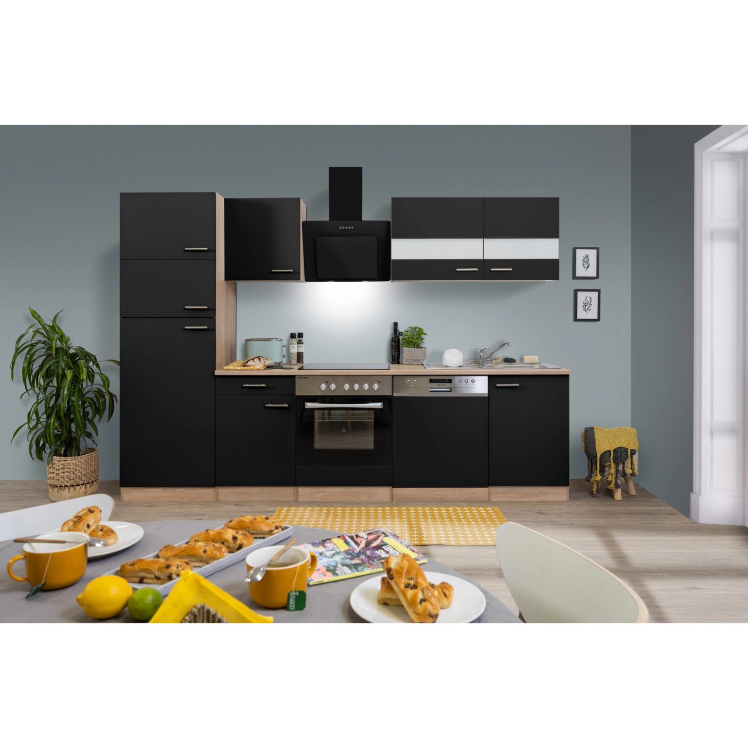 Respekta Küchenzeile KB280ESSCGKE in Schwarz-Eiche Sägerau Nachbildung mit E-Geräten.