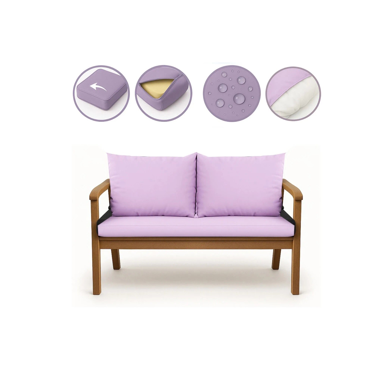 Lila Setgarden Bankkissen für 2-Sitzer Gartenbank, 100x50 cm + 2x 50x56 cm.