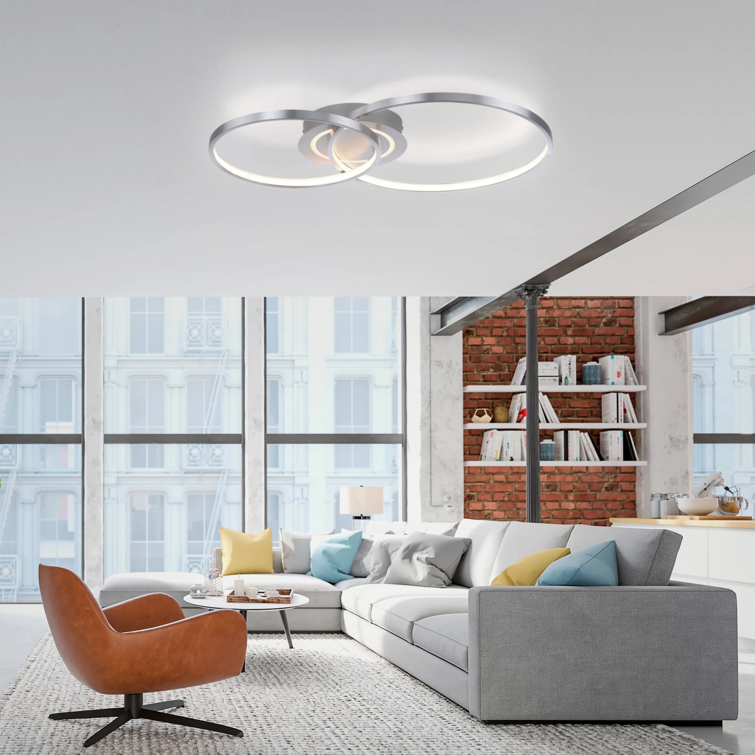 Moderne LED-Deckenleuchte Asmina von Just Light, Aluminium, 69x55 cm, mit verschlungenen Ringen.