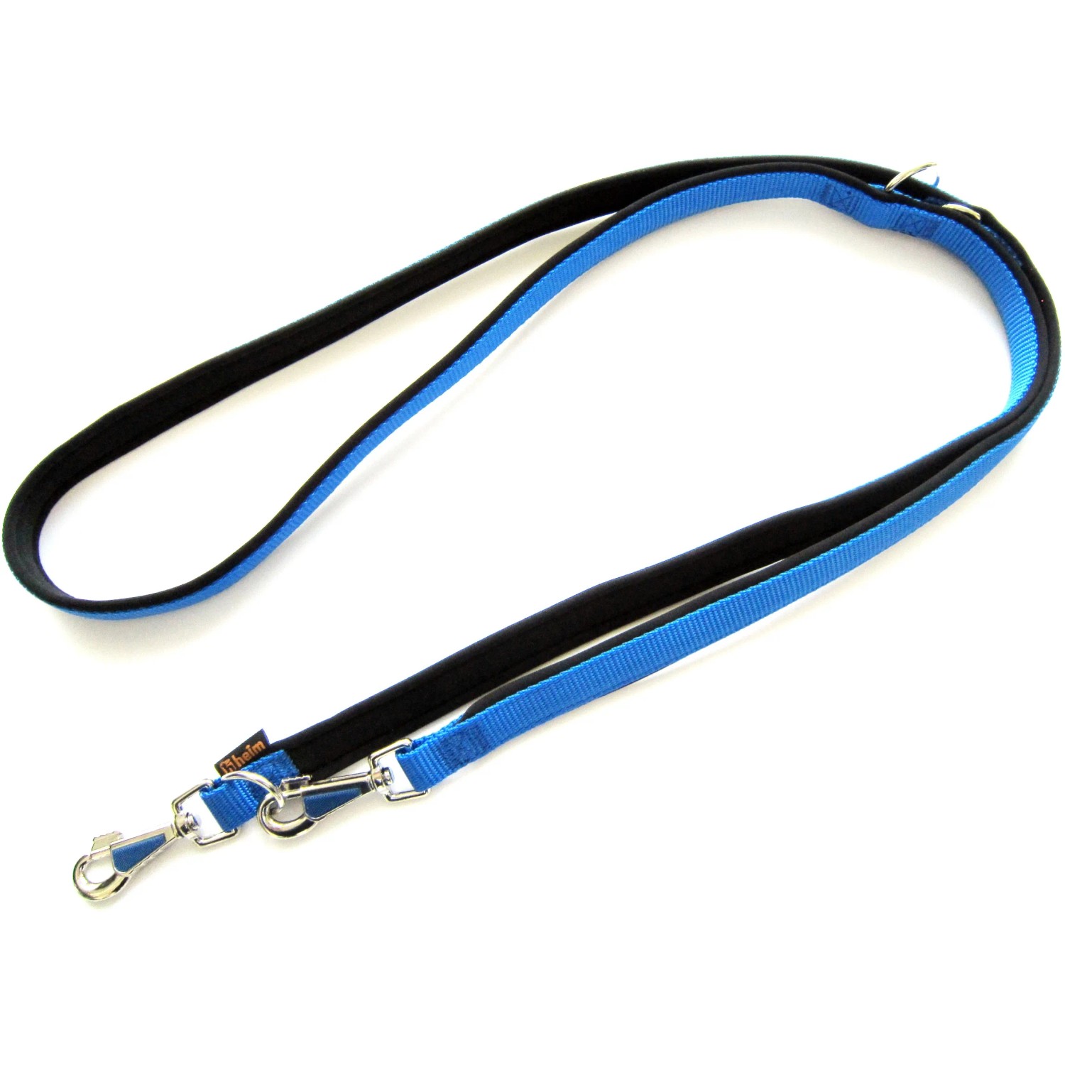 Blaue Heim Hundeleine, 20mm breit und 200cm lang, mit schwarzem Neoprenfutter und Bolzenhaken.