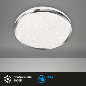 Runde Briloner LED Bad-Deckenleuchte Acorus mit Sternenhimmel-Effekt und silbernem Rahmen.