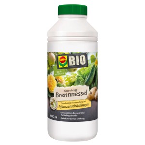 Compo Bio-Grundstoff Brennnessel 1 l Flasche zur biologischen Schädlingsbekämpfung.