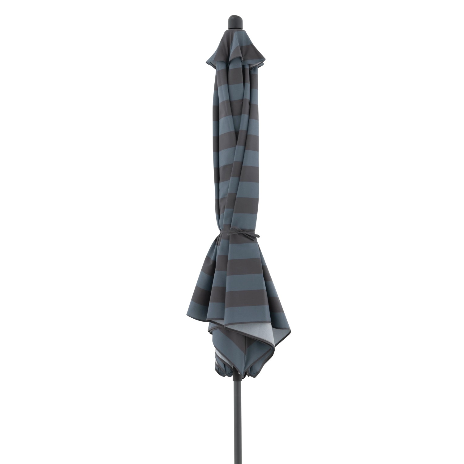 Geschlossener, blau-grau gestreifter Doppler Marktschirm MyZone mit Knickfunktion.