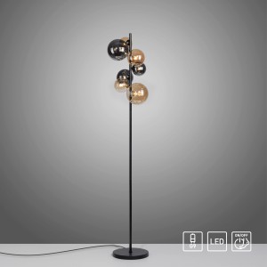 Schwarze Paul Neuhaus Stehleuchte Popsicle mit 7 Amber- und Rauchglas-Leuchten.