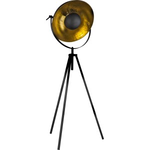 Schwarze Globo Stehleuchte LENN mit goldenem Lampenschirm und Dreibein-Gestell.