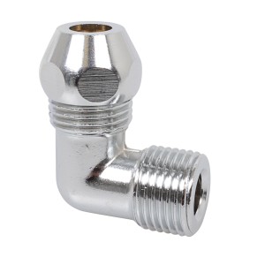 Verchromte Kirchhoff Quetschverschraubung-Winkel 90° mit 3/8 AG x 10 mm für Sanitär- und Heizungsinstallation.
