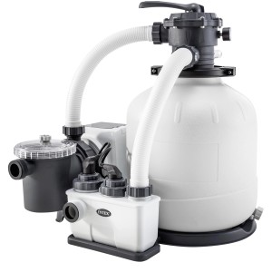 Intex Krystal Clear Sandfilteranlage mit Salzwassersystem ECO-20220-2, bestehend aus Filterpumpe und Elektrolyse-System.