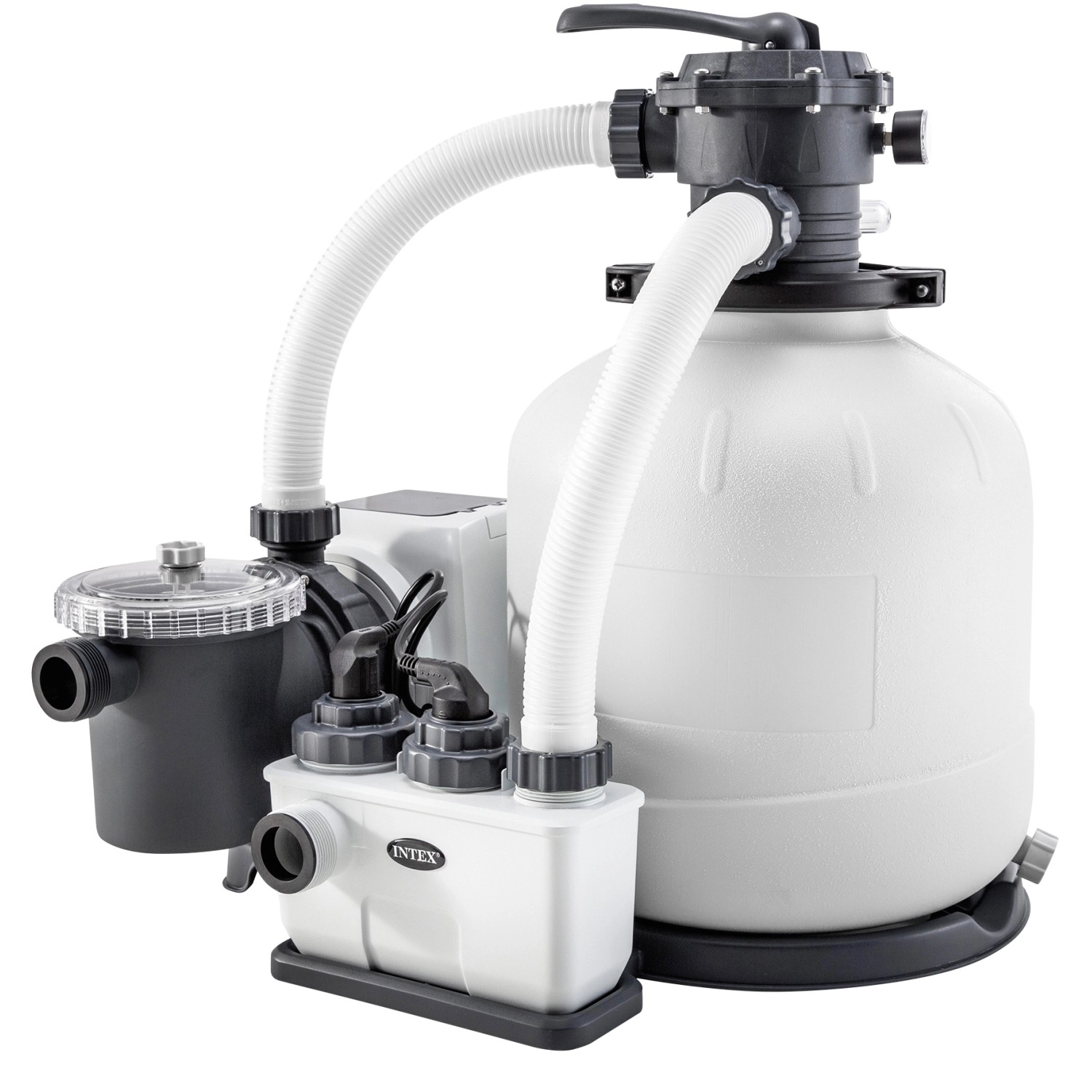 Intex Krystal Clear Sandfilteranlage mit Salzwassersystem ECO-20220-2, bestehend aus Filterpumpe und Elektrolyse-System.