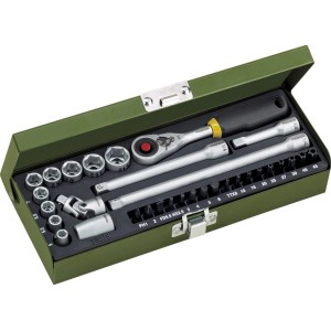 Proxxon Feinmechaniker-Set, 32-teilig im Stahlkasten: Steckschlüssel, Schrauber, Bits und Verlängerungen.