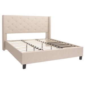 Creme-beiges Polsterbett 180x200 cm mit Lattenrost und Stoffbezug.