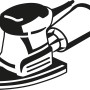 Schwarz-weiße Illustration eines Exzenterschleifers. Zubehör für Schleifarbeiten.
