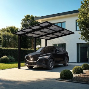 Schwarzes Ximax Alu Einzelcarport Linea Typ 110 mit Auto vor Haus.