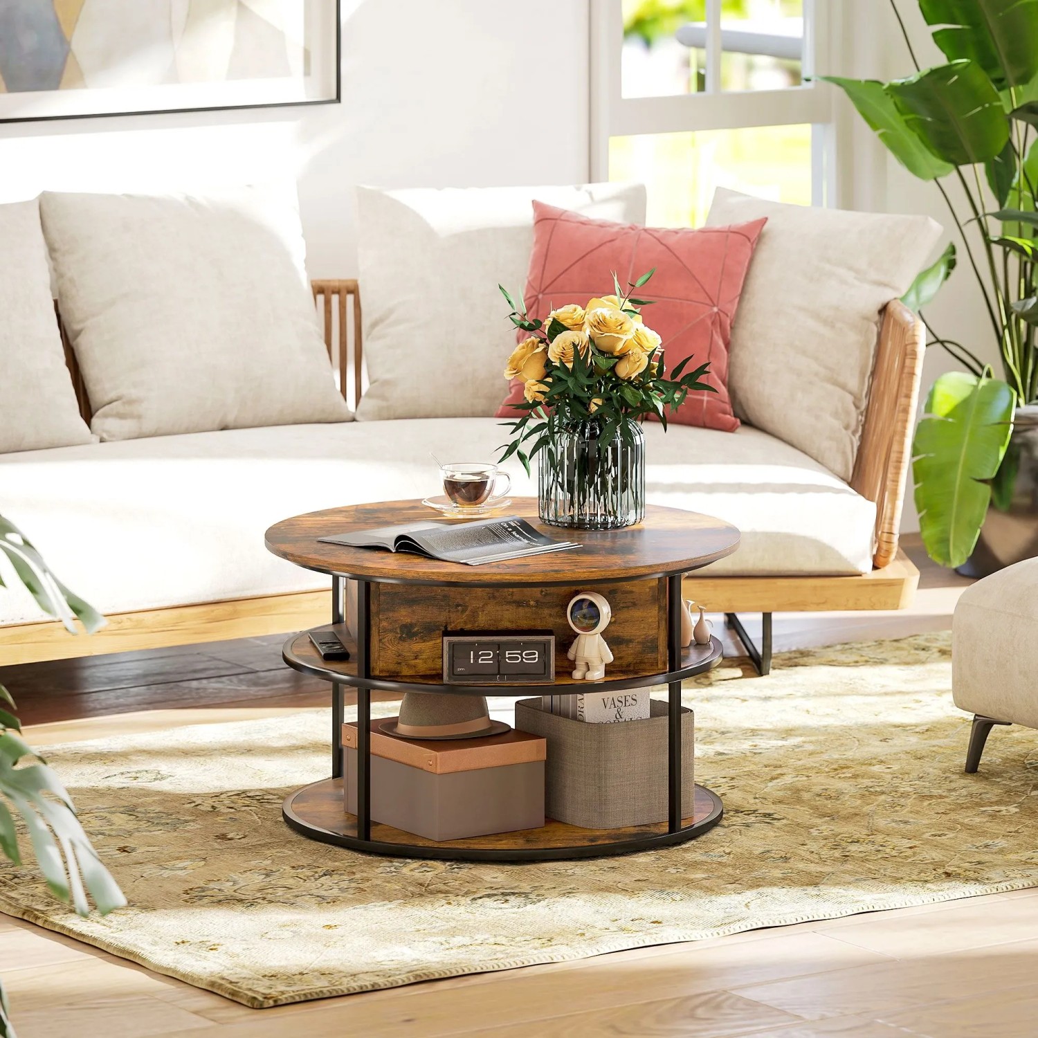 HOMCOM Couchtisch Rund Höhenverstellbar für Wohnzimmer Braun kaufen bei OBI