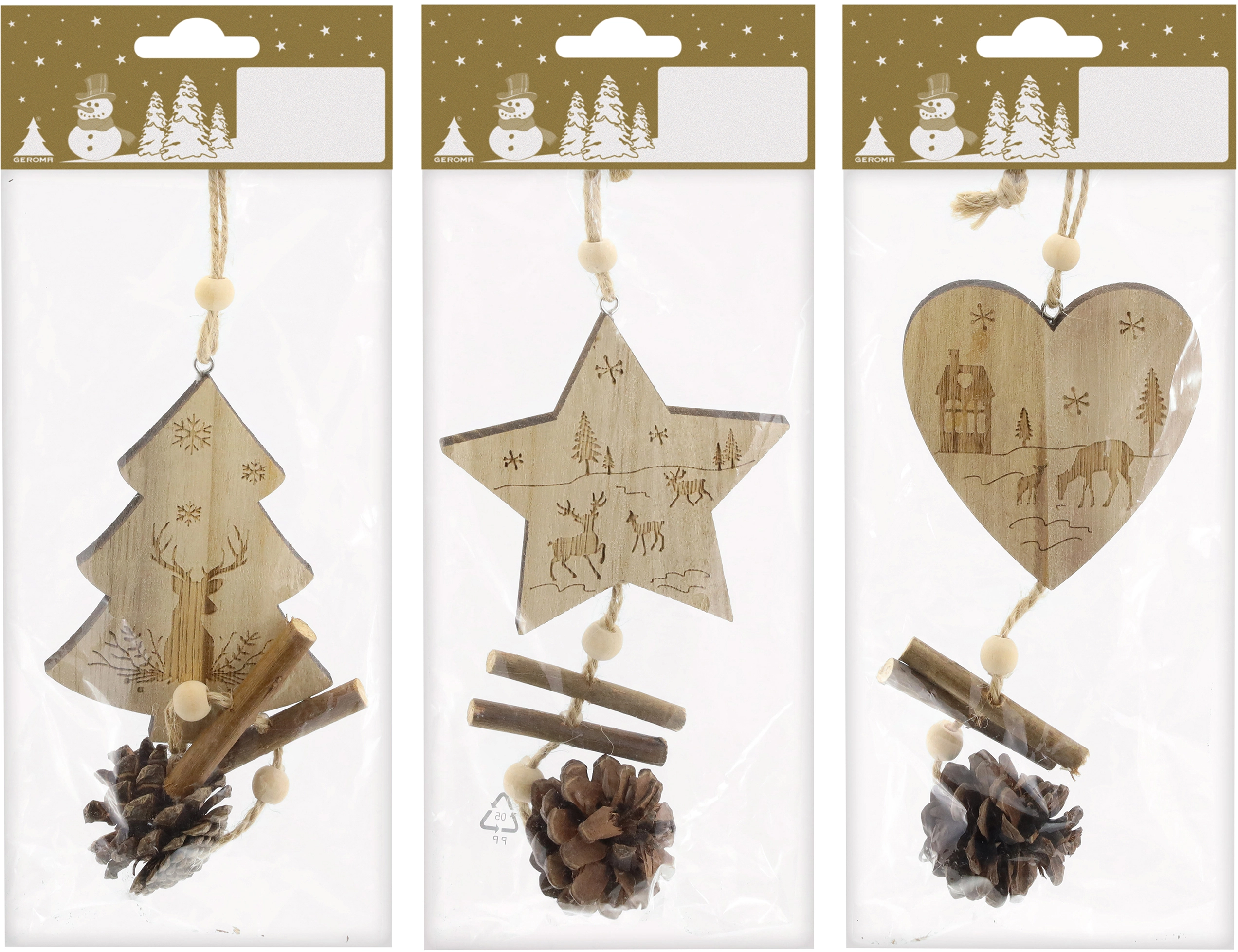 Weihnachtsdeko Hänger aus Holz 3fach sortiert Naturfarben 30 cm kaufen