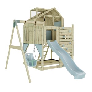 Babyschaukel Eisblau mit Spielturm, Rutsche und Kletterwand aus Holz.