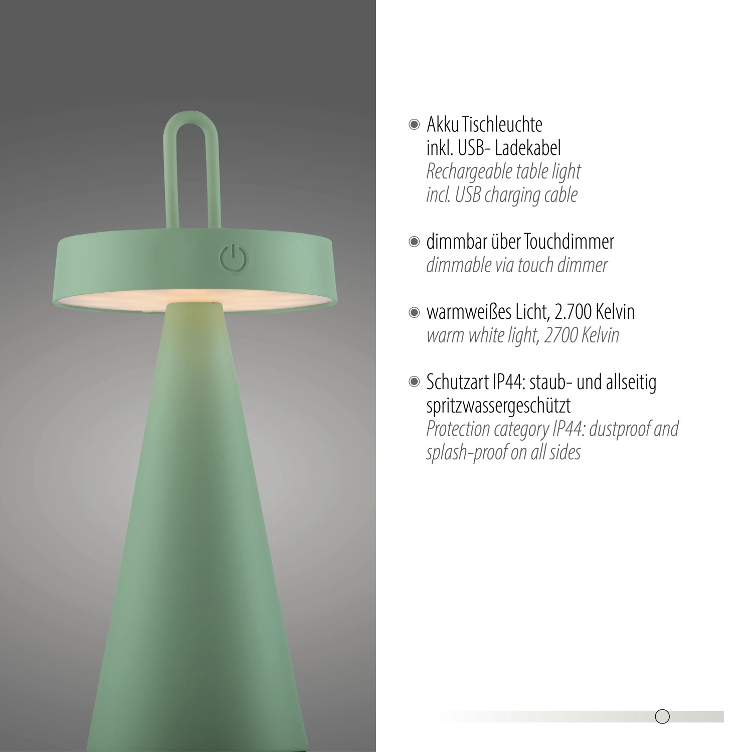 Grüne LED-Akku-Tischleuchte Alwa, dimmbar, für Innen & Außen. Dekoleuchte mit USB-Ladekabel.