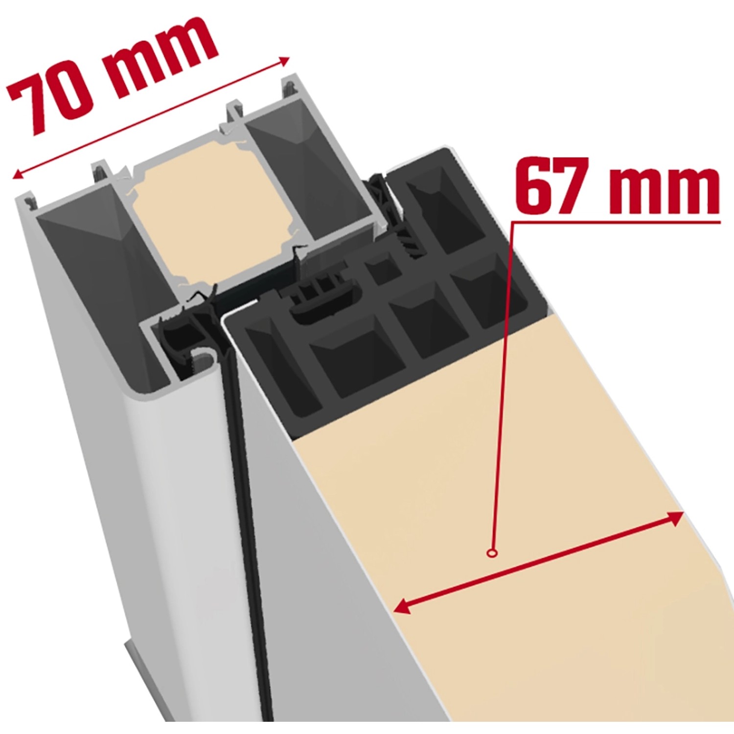 Detailansicht Sicherheits-Haustür ThermoSpace Milano Prime RC2: Profilquerschnitt mit Maßen 70 mm (Zarge) und 67 mm (Türblatt).