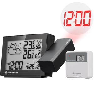 Bresser MeteoTemp P Funk-Wetterstation mit Projektion von Uhrzeit und Wettervorhersage.