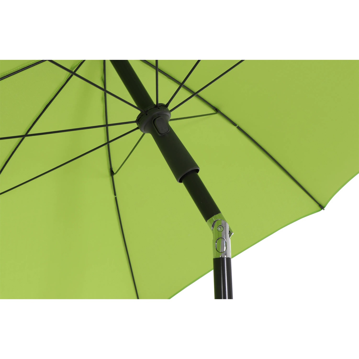 Detailaufnahme: Grüner Siena Garden Marktschirm, Ø 180 cm, mit Handöffner und Stahlgestell.