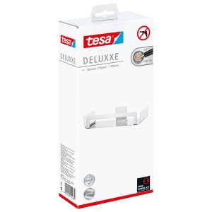 Verpackung der Tesa Duschablage Deluxxe Chrom, ein Duschregal zur Wandmontage ohne Bohren.