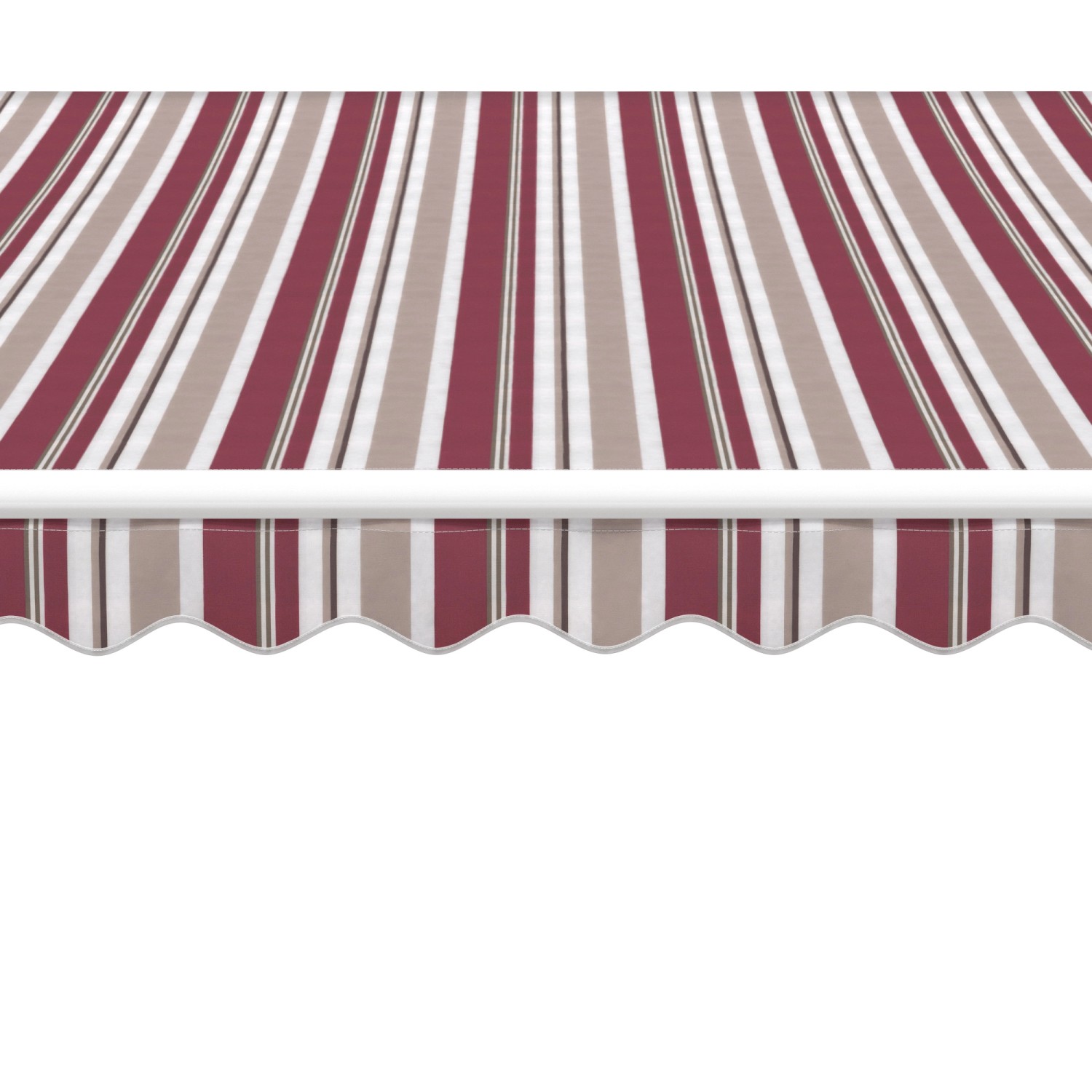 Gelenkarmmarkise Aventura, 3x2m, Bordeaux-Beige-Weiß gestreift, mit Volant.