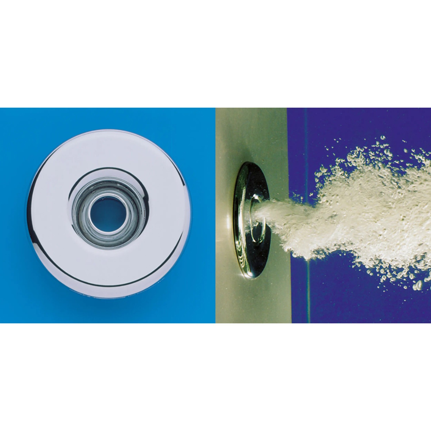 Detailaufnahme einer Chrom-Hydra-Jet-Düse für Ottofond Whirlpool Galia II, mit Wasserstrahl.