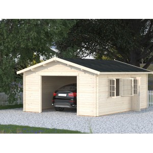 Palmako Garage Roger, grau-weiß lackiert, mit Fenster und Tür. Fertiggarage aus Holz mit Auto.