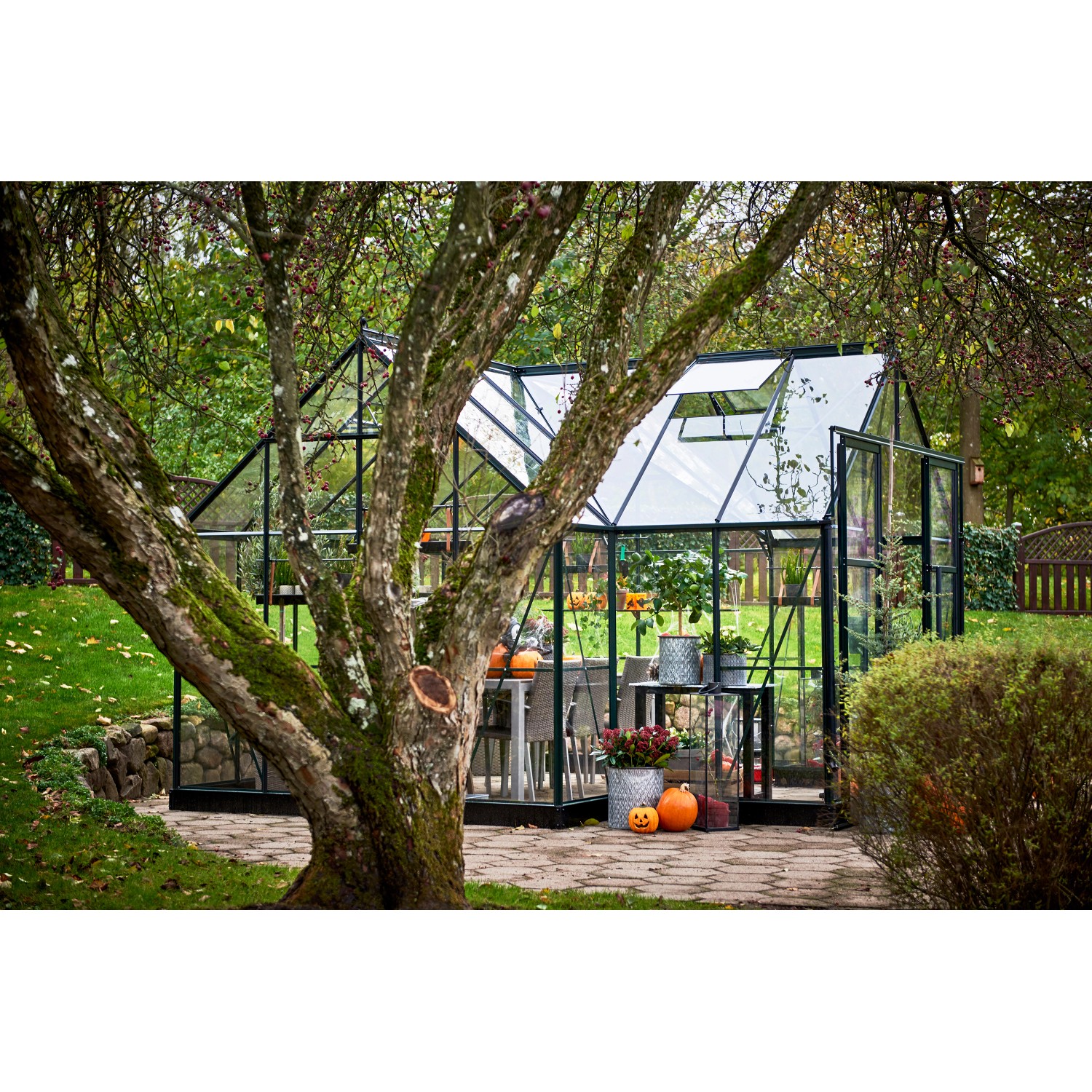 Halls Gewächshaus Garden Room, 12,9 m², grüne Aluminiumstruktur mit Sicherheitsglas im Garten.