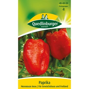 Samenpackung Quedlinburger Paprika 'Neusiedler Ideal' mit roten, blockigen Paprikafrüchten.