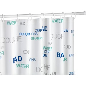 Weiße Wenko Teleskop Duschstange (20 mm) mit Duschvorhang.