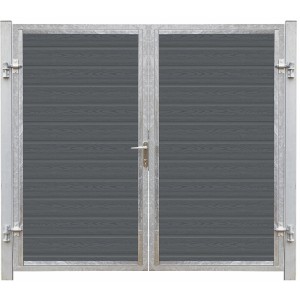 Doppeltor Artura WPC Schiefergrau mit silbernen Pfosten, 213x175cm. Gartentor aus pflegeleichtem WPC.