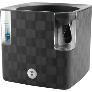 Anthrazitfarbener Kräutertopf 14x14 cm mit Bewässerungssystem und Wasserstandsanzeige.